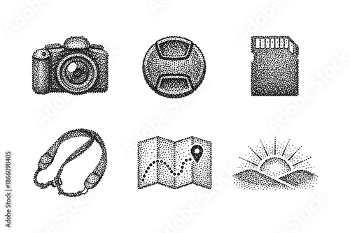 Stipple design of camera gear and travel icons with travel map