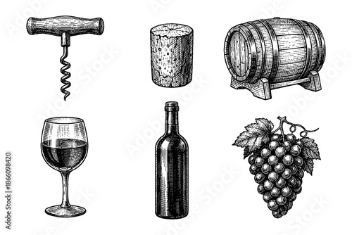 Vintage wine elements collection: corkscrew, barrel, glass, bottle, grapes