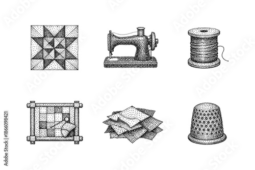 Vintage sewing tools and quilt patterns in stipple art design