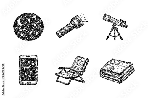 Stargazing essentials: astronomical icons in vintage halftone art