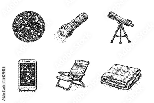 Night sky exploration set: telescope, flashlight, astronomy map, smartphone, recliner, blanket with vintage dotted style