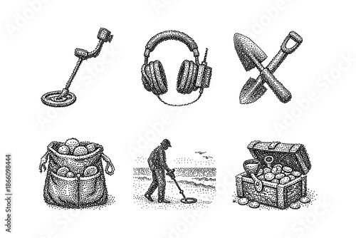 Vintage treasure hunting elements with metal detector and tools in engraved style