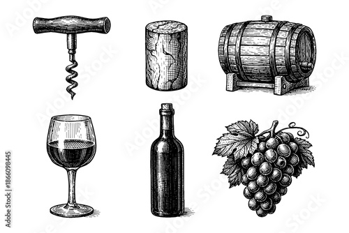 Vintage wine elements: corkscrew, barrel, grapes, glass, bottle and cork in engraved style