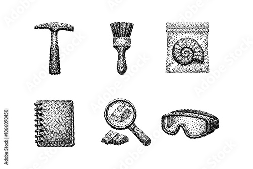 Archaeology tools dotwork style: hammer, brush, fossil, notebook, magnifying glass, goggles