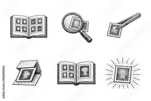 Vintage halftone stamp collection icons with magnifying glass and tweezers