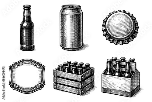 Vintage ink style beverage collection with bottles, cans, and caps