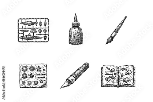Vintage dot art of model making tools and supplies for creative hobbies