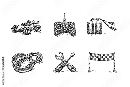 Retro halftone racing icons: car, game controller, batteries, track, tools, checkered flag