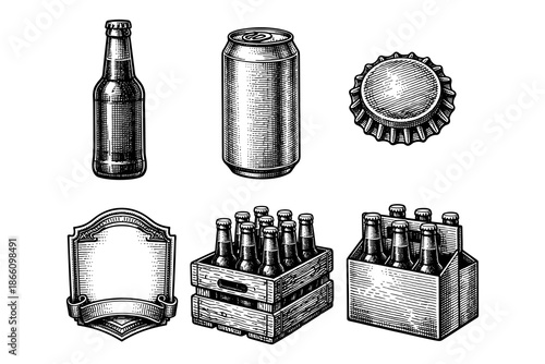 Retro beverage set with bottles, can, and cap in engraved style