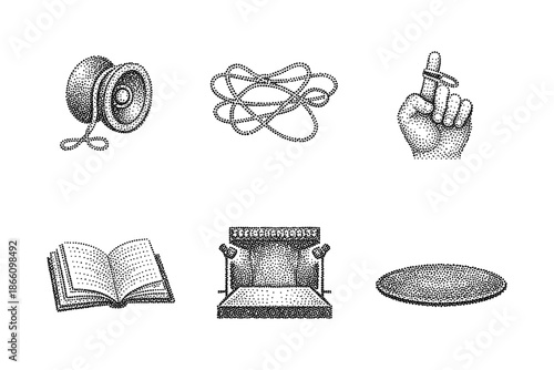 Hand drawn dot style collection: yo-yo, tangled cord, pinched fingers, open book, theater stage, empty plate