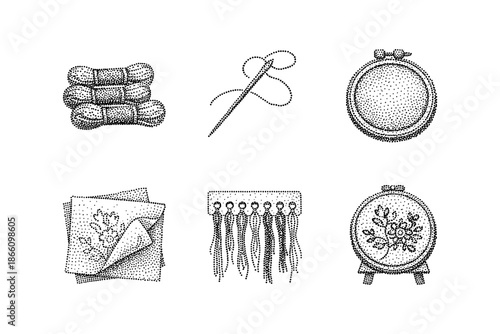 Vintage dot art: needlework tools and embroidery designs showcase