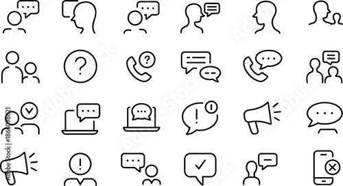 Communication and customer support line icons set for chat messaging, feedback, call center, helpdesk, and social interaction design