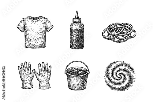 Stippled ink art: household items collection with intricate design