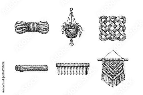 Decorative macrame and knots in stippling style with hanging plant holders