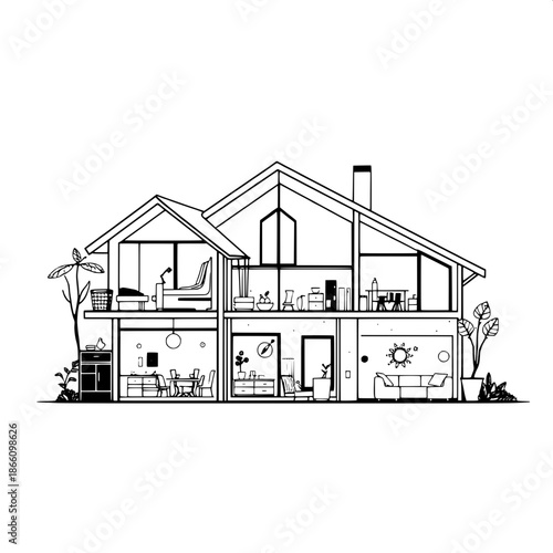 Vector-style black-and-white home cutaway illustration with bold lines and geometric shapes, featuring a modern design-oriented aesthetic, incorporating various textures and patterns, with a focus on 