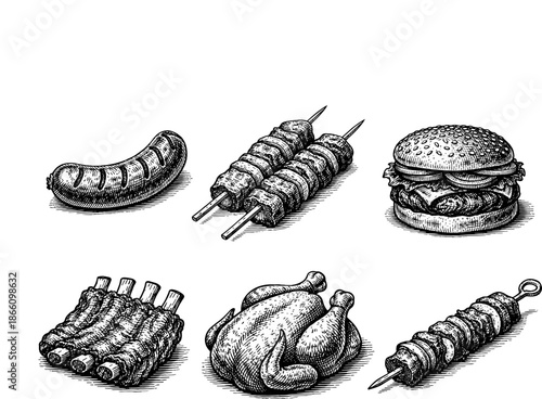 Hand-drawn bbq meats collection: sausage, kebab, burger, ribs, roast chicken