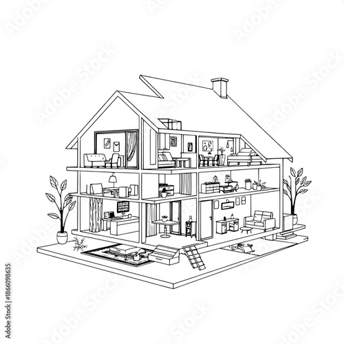 Vector-style black-and-white home cutaway illustration with bold lines and geometric shapes, featuring a modern design-oriented aesthetic, incorporating various textures and patterns, with a focus on 