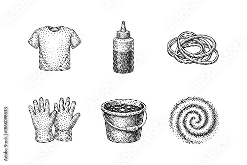 Vintage dot art of tie dye essentials with t-shirt, dye bottle, and rubber bands