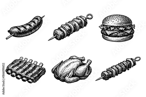 Vintage meat grill drawings: sausage, skewers, burger, ribs, chicken