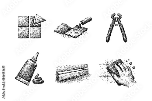Stippled construction and repair tools featuring trowel pliers glue and scrubber