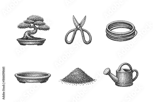 Stipple design of bonsai and gardening tools: scissors, hoses, and more