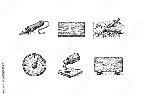 Vintage engraving style icons of craftsmanship and creativity in black and white