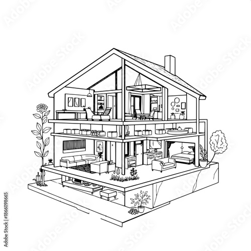 Vector-style black-and-white home cutaway illustration with bold lines and geometric shapes, featuring a modern design-oriented aesthetic, incorporating various textures and patterns, with a focus on 