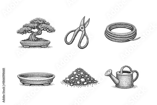 Stippled bonsai and gardening tools collection in retro style