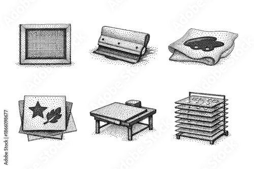 Retro design: halftone icons of screen printing tools
