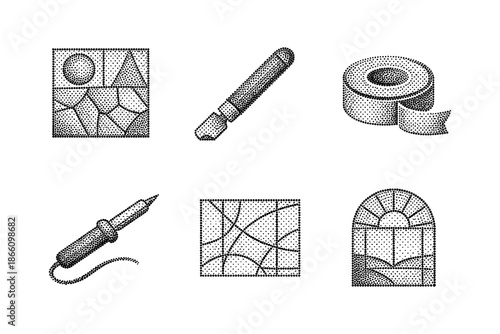 Modern dotwork art: geometric and crafting tools in stipple style