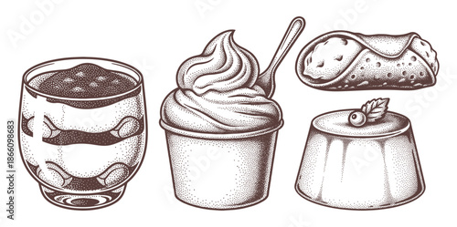 collection of Italian desserts: tiramisu, gelato, cannoli, panna cotta in halftone vintage stipple effect style