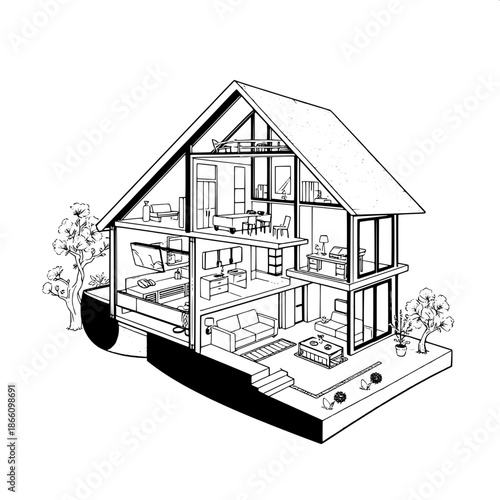 Vector-style black-and-white home cutaway illustration with bold lines and geometric shapes, featuring a modern design-oriented aesthetic, incorporating various textures and patterns, with a focus on 