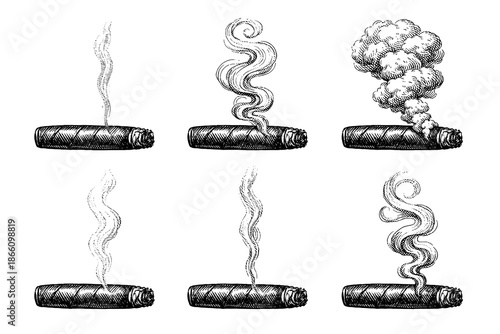 Six smoldering cigars with smoke trails in vintage sketch style