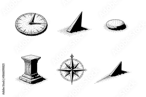 Set of hand-drawn sundials and compass rose illustrations in vintage style