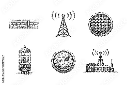 Vintage audio and communication dot icons featuring halftone antenna and speaker designs