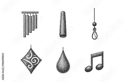 Intricate halftone musical and craft symbols in black and white