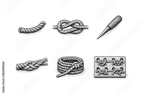 Vintage nautical knot drawings with sailor tools in halftone engraving style