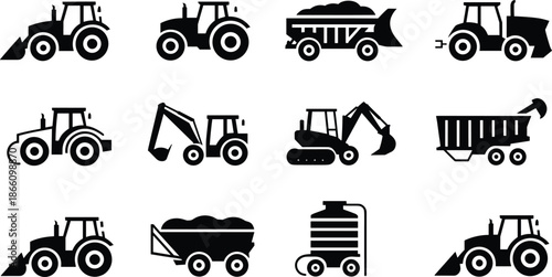 Construction and agricultural machinery icon set featuring tractors excavators dump trucks trailers and equipment, black vector industrial symbols isolated