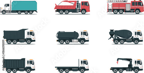 Construction and service truck vector set featuring dump, fire, tanker, crane, cement, flatbed vehicles illustrations for industrial logistics