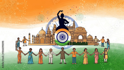 Diverse group of people holding hands in unity, indian flag background with iconic landmarks and dancer silhouette, symbolizing cultural diversity and national pride