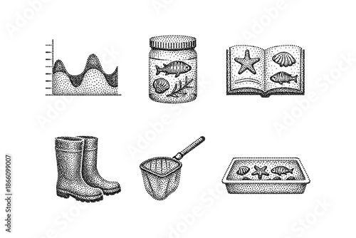 Vintage stipple sea exploration icons: graph, aquarium, journal, boots, net, sandbox