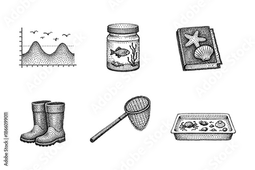 Vintage marine exploration icons: dotted adventure essentials for beach and ocean enthusiasts