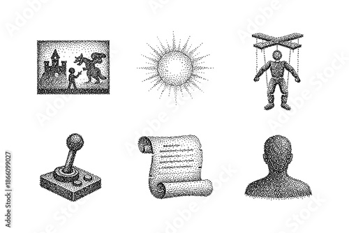 Retro dot art: fantasy puppet theater, sun, joystick, and scroll silhouettes