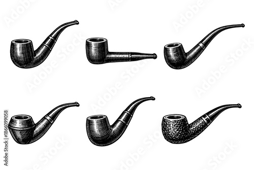 Vintage tobacco pipe collection with engraved design elements set