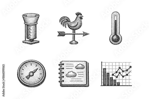 Halftone weather icons: gauge, wind vane, thermometer, barometer, cloud journal, graph