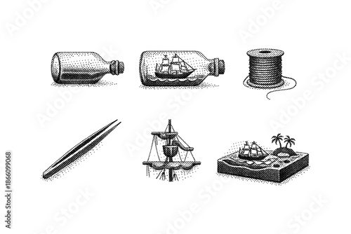 Nautical crafting elements in vintage dotwork style including ship and island