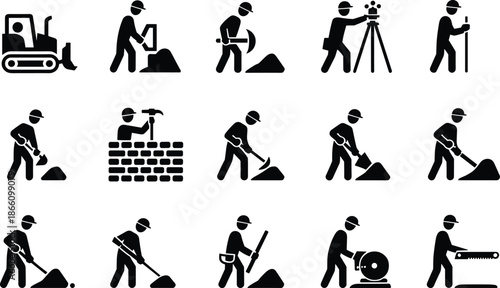 Construction worker icons set with excavation building tools machinery labor safety silhouettes vector illustration collection