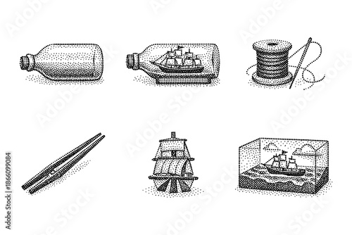 Vintage nautical elements with ship in bottle and sewing tools in dotwork style