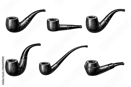 Vintage engraved tobacco pipes set on white background