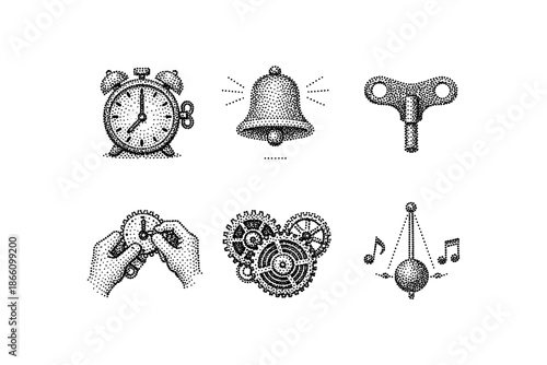 Vintage stipple clockwork icons set with alarm, bell, gears, and music